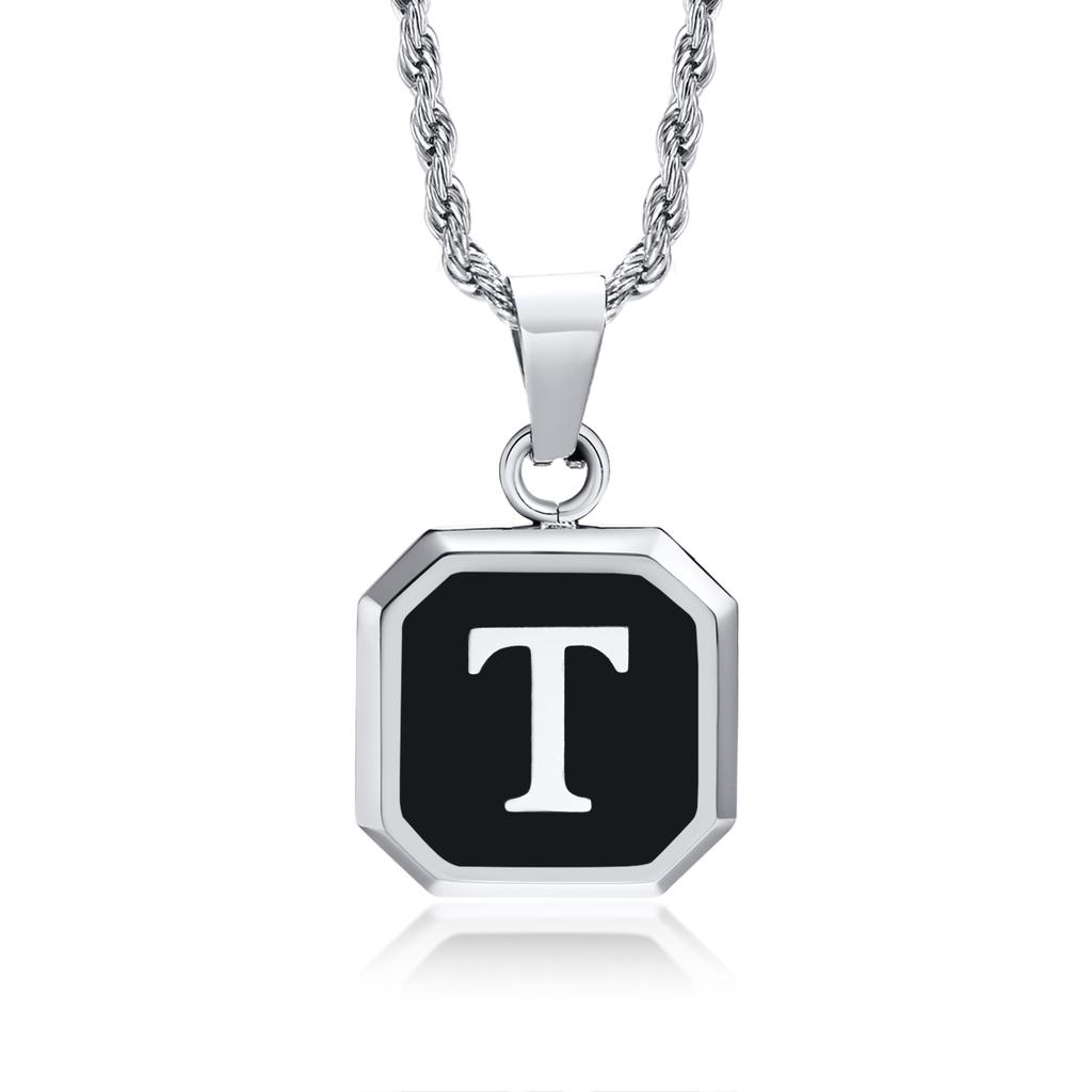 Initials Necklaces for Men Women,A-Z 26 Letters Black Square Stainless Steel Pendant Collar,45-60CM Twisted Rope Chain Gifts