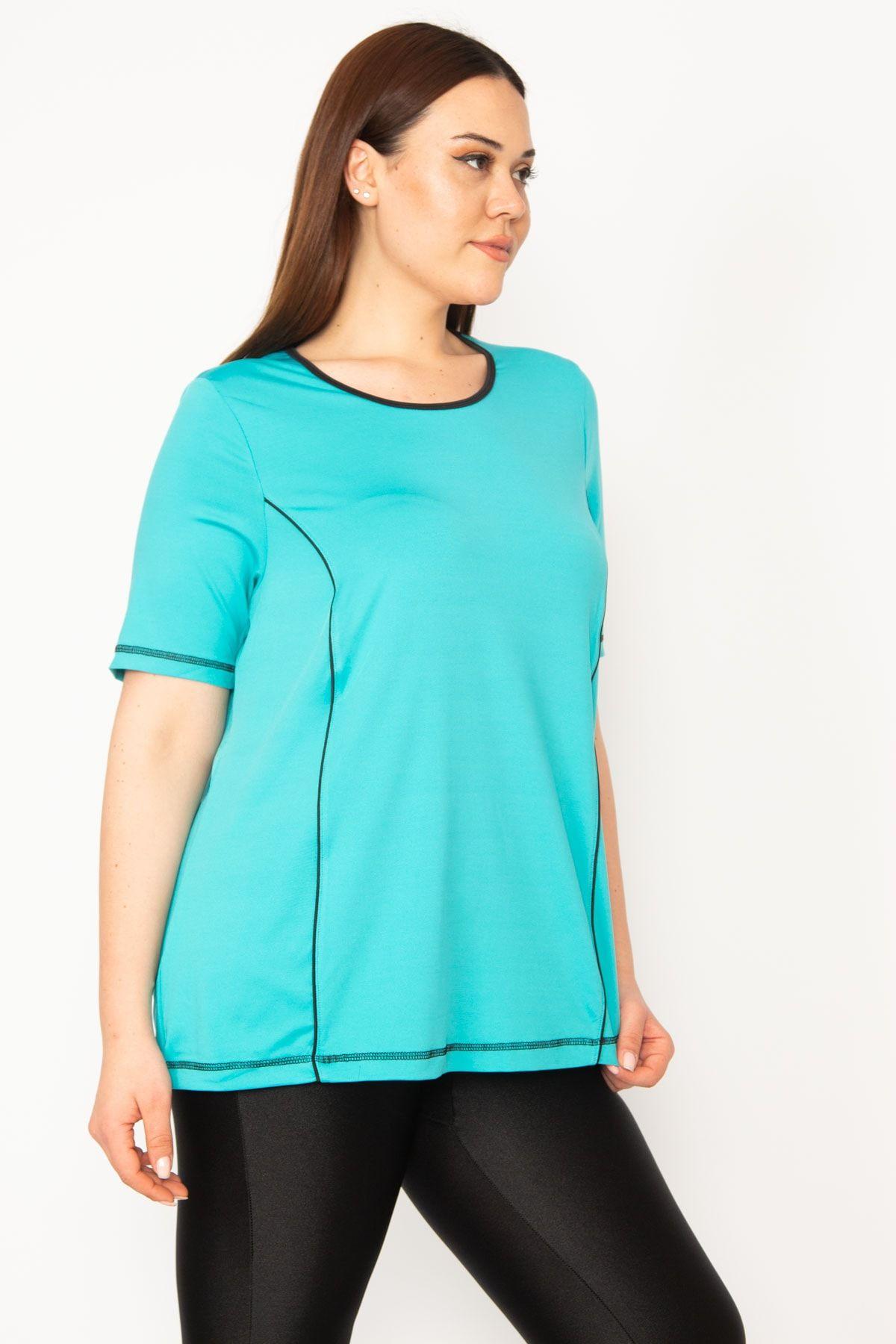 

Women s Big Size Blouse Plus Size Turquoise Collar Piping Sports Blouse 4XL/5XL