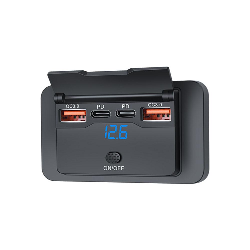 12-24V 4-Ports Car USB Charger Socket Adapter 108W USB C Outlet Panel Wall Mount with LED Voltmeter for Bus RV Boat Car Truck