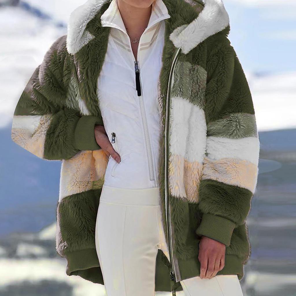 Manteau à capuche pour femmes, mode épissage, ample, peluche, manches longues, fermeture éclair, poche, hiver