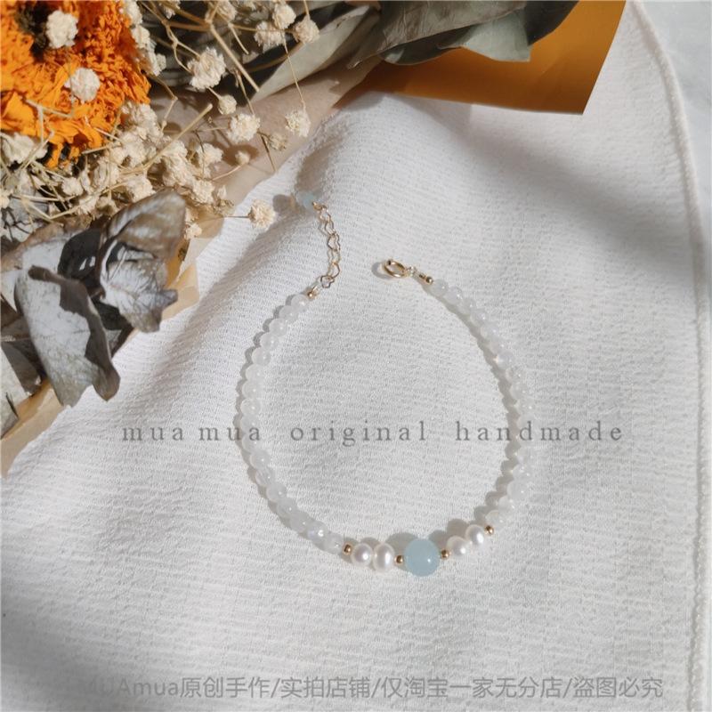 

/Natural aquamarine/Blue Moonstone Pearl Niche Fine Crystal14K Gold-plated bracelet, Female Star s Lunar Love Story