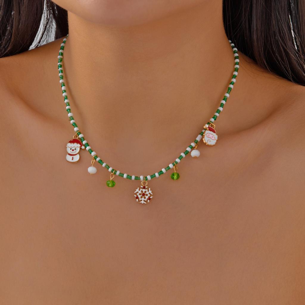 Merry Christmas Colorful Rice Beads Necklace For Women Girls Santa Claus Snowman Christmas Tree Pendant Clavicle Choker Jewelry