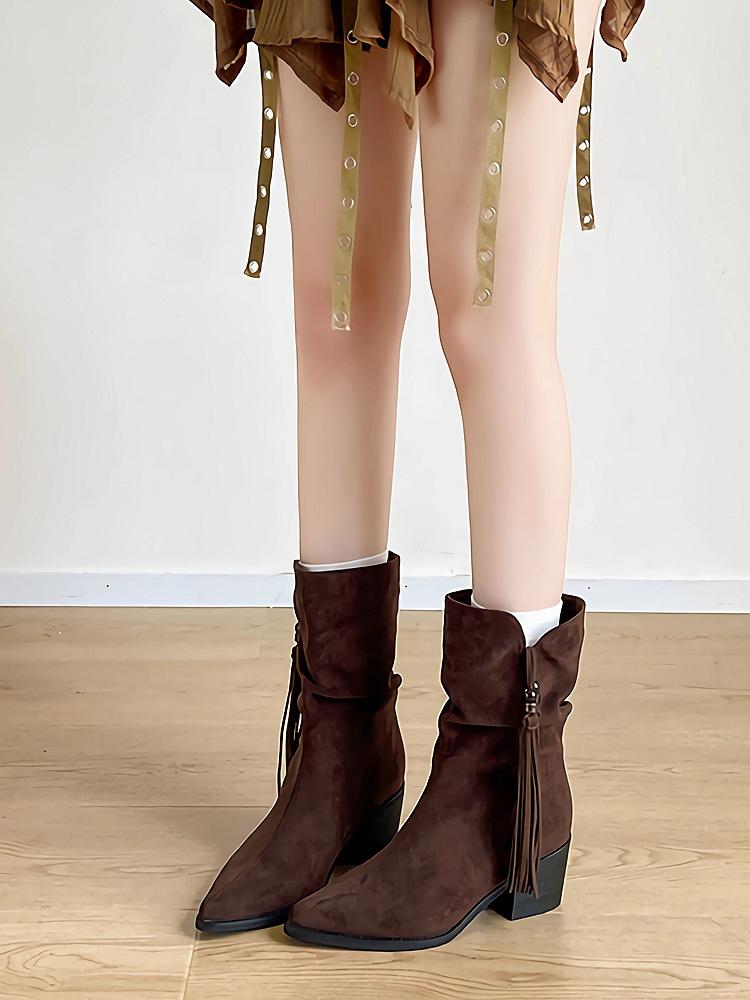 

Vintage Maillard high-heeled short boots for women s 2025 new fringed thick heel versatile pointed head temperament huge good-looking Martin boots 40 коричневый