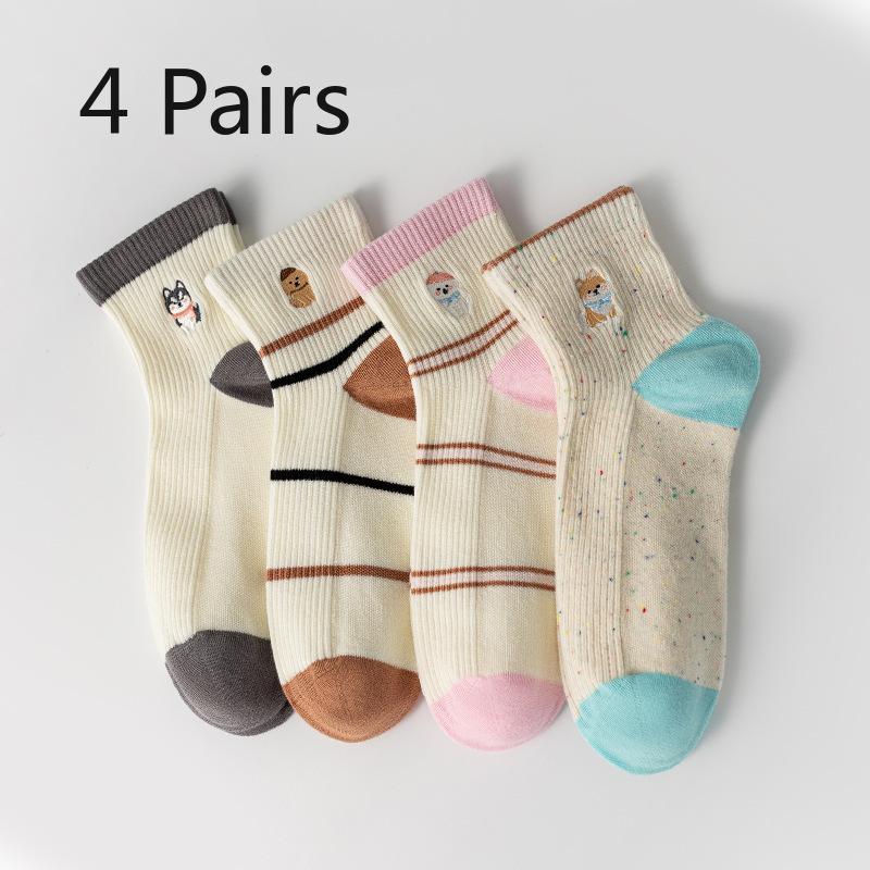 

4 Pairs of Thin Mesh Breathable Cotton Socks for Women s Spring and Summer, Embroidered Little Dog Micro-pressure Sports and Casual Socks 4 pairs
