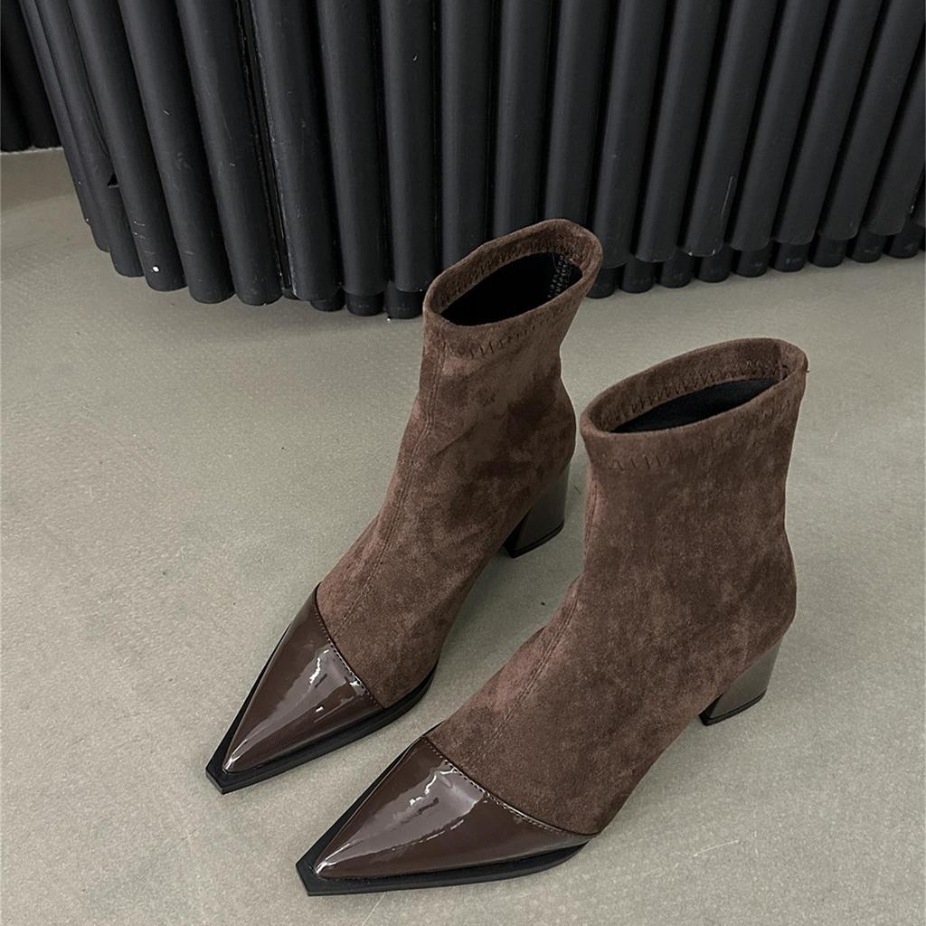 European and American Pointed High-heeled Short Boots 2025 New Autumn and Winter Niche Design Splicing Thin Boots Temperament Thick Heel Fashion Boots