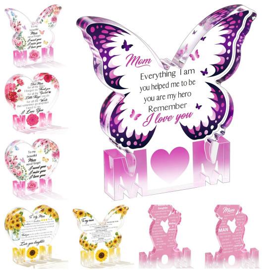 Printed Acrylic Ornament Gifts for Mom Gifts from Daughter or Son Standing Heart or Butterfly Shape Clear Acrylic Sign Mother's Day Gift for Mom