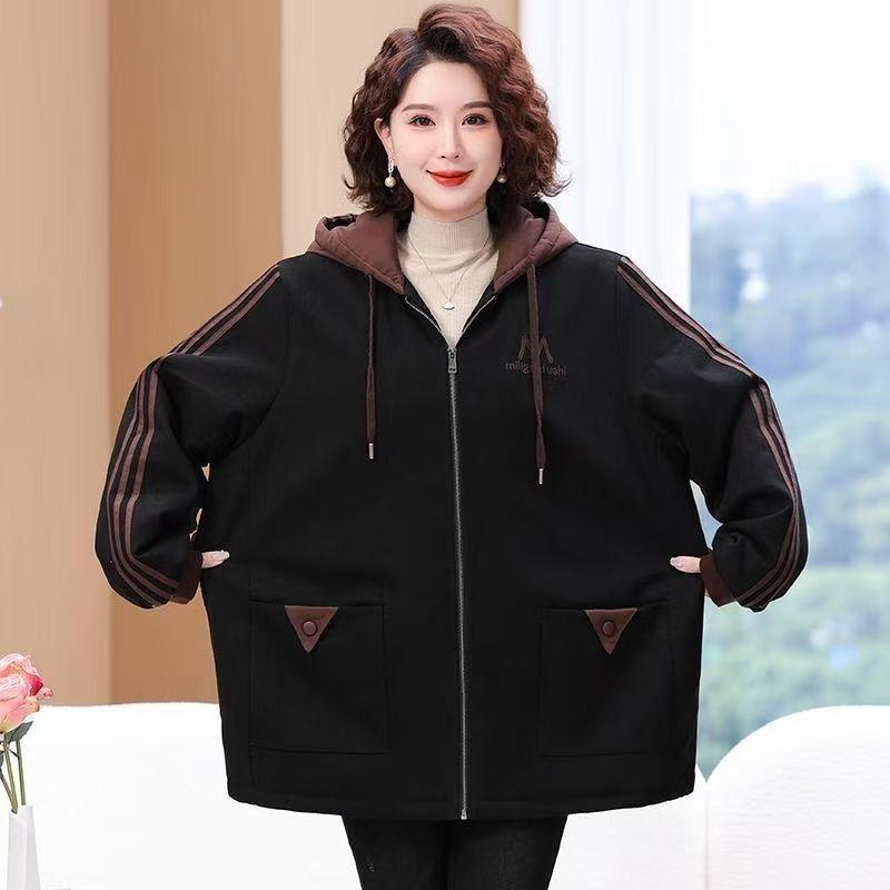 Fashion Plus Size Jacket Women's Casual Loose Hooded Autumn and Winter Mid-length Age Reduction Plus Velvet Embroidery