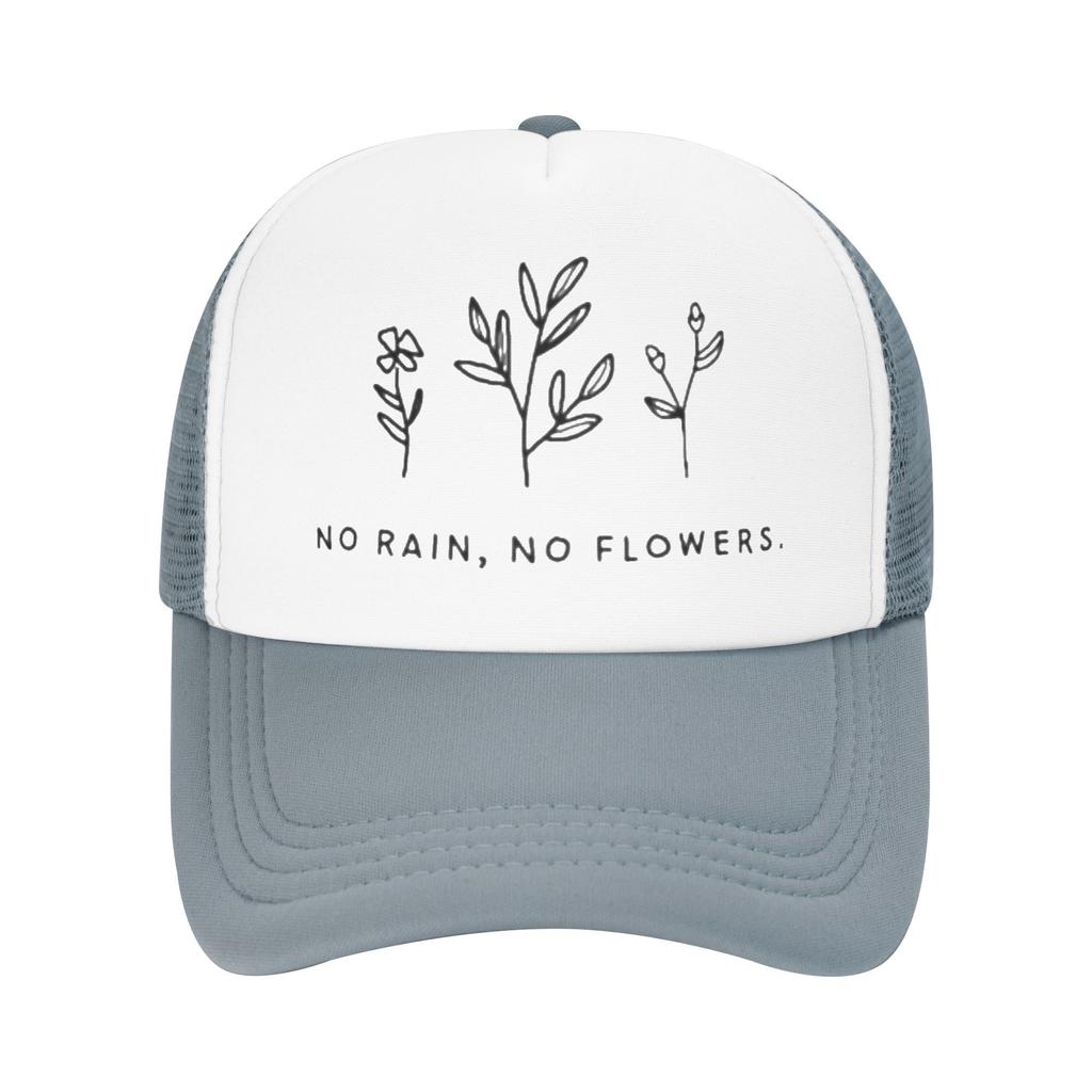 No Rain No Flowers Graphic Trucker Hat Minimalist Floral Design Breathable Mesh Baseball Cap Unisex Casual Adjustable