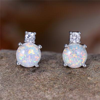 White Fire Opal Cute Blue Crystal Round Stone Earrings For Women Trendy Silver Color Wedding Accessory