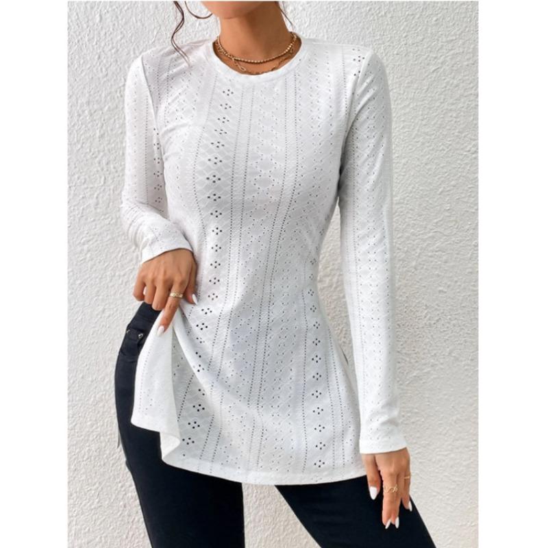 Blusa Lunga da Donna Jacquard Pizzo Spacco Casual Primavera Manica Lunga Slim Fit Camicie Monocolore Girocollo Elegante Moda Casual Ufficio Top Semplici Lavorazione a Rete