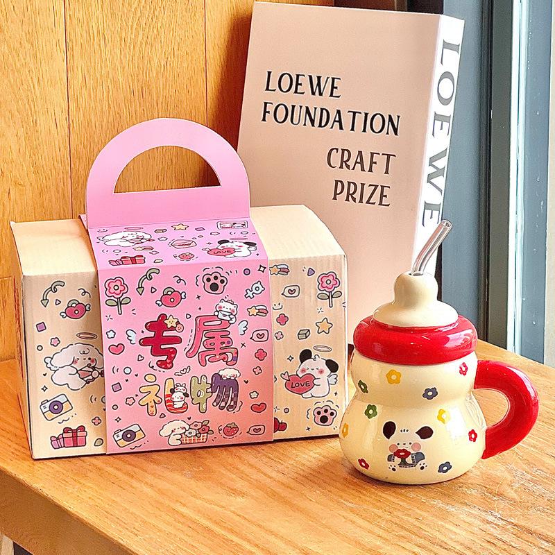 Cute polka dot straw cup girls high value ceramic water cup girlfriends practical mug birthday gift