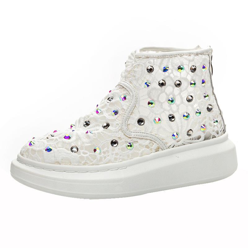 Leather lace mesh rhinestone high-top women's summer new full diamond casual fashion hole women's shoes