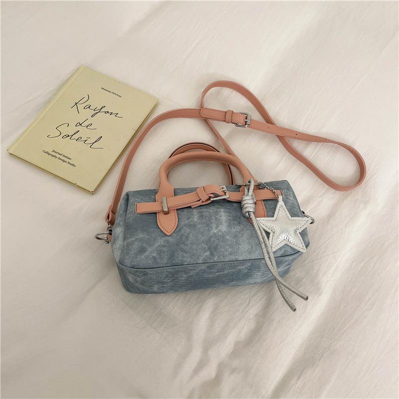 Small-sized Hand-held Boston-style Bag - Stylish Denim Bag for Office Commuting, Single-shoulder Cross-body Bag