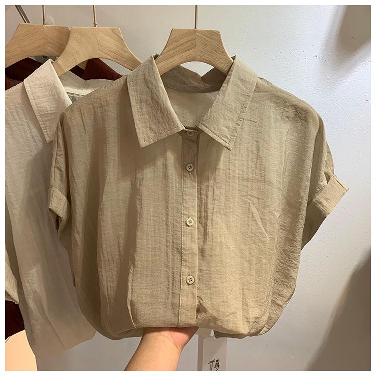 Loose Short Sleeve Shirt Women's Roll Up Sleeve Design Summer New Style Anti-Aging Fashionable Top Small Audience Design
