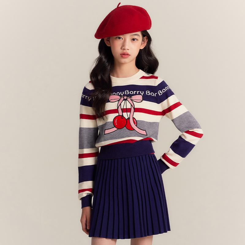 Girls' Cherry Knit Sweater with Retro Stripes