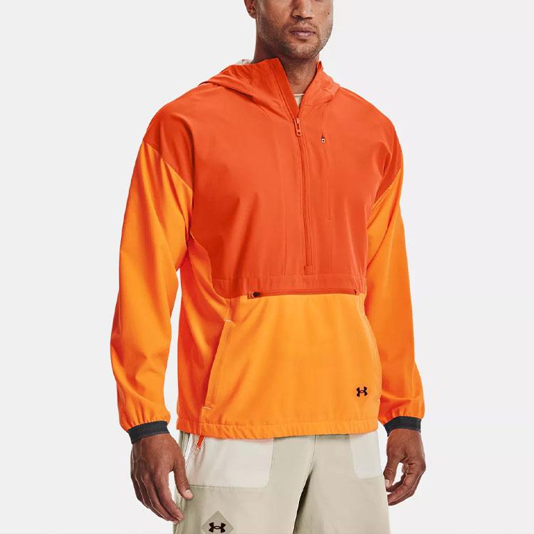 Under Armour Terrain Anorak Training Sports Color Block Logo Long Sleeve Half Zip Hooded Sweatshirt Jacket Men jackets Orange 1370507-825