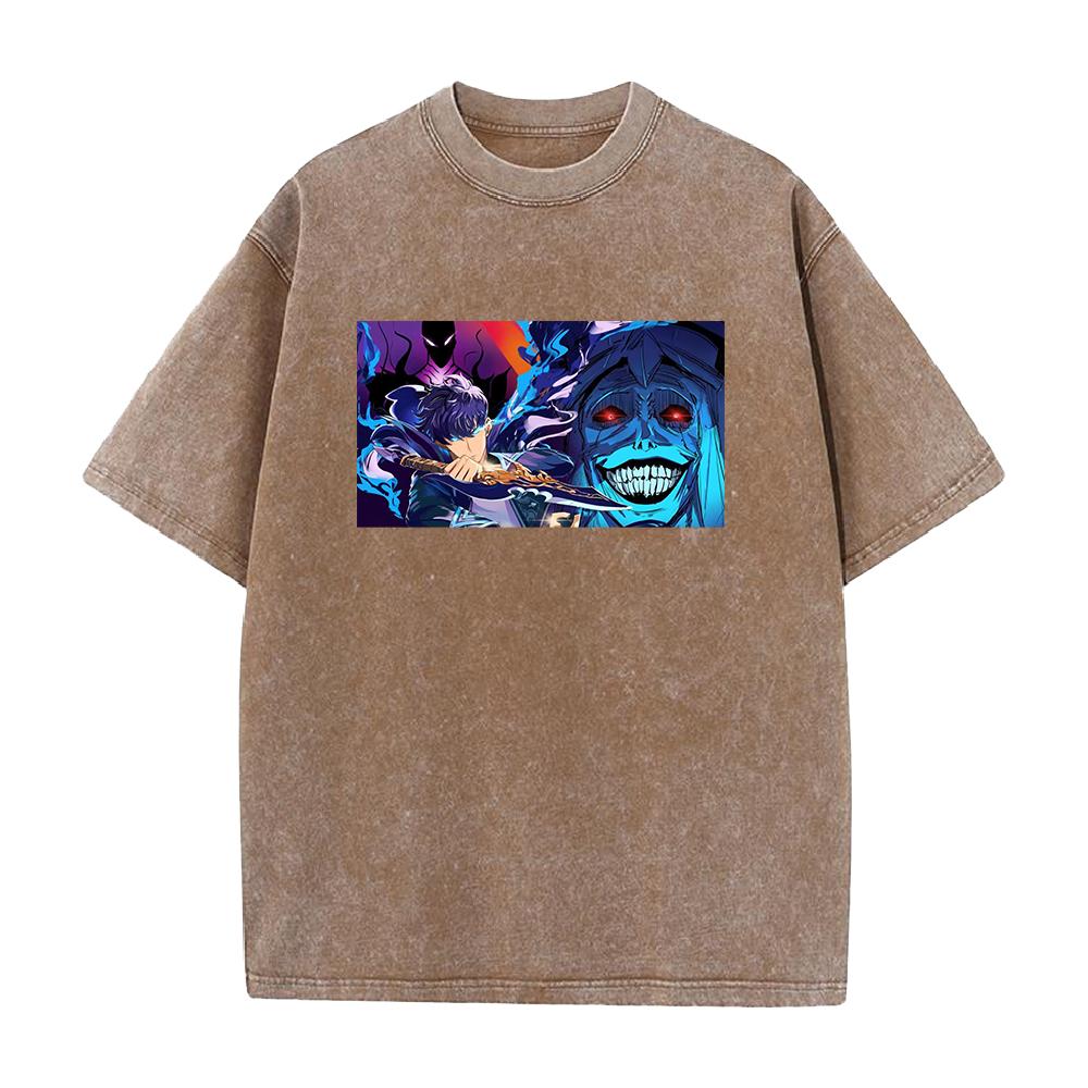 Hot Anime Solo Leveling Sung Jin-Woo Print Washed T-shirt Men Manga Cotton Tshirts Casual Loose Tee Harajuku Male Street T Shirt