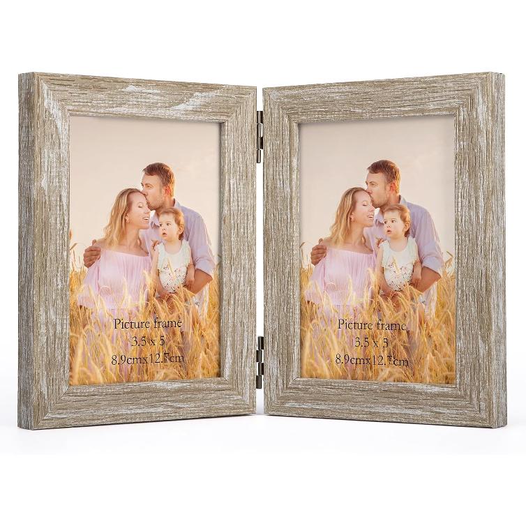 Lyeasw 3.5x5 Picture Frame Double Hinged, Classic Two Opening 3.5 by 5 Family Dual Photo Frame with Glass, Black Folding Free-Standing Vertical Frame