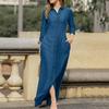 Spring Summer Women Dress Pure Color V Neck Loose Long Sleeves Lapel Split Hem Casual Ankle Length Soft Breathable Side Pockets Single-breasted