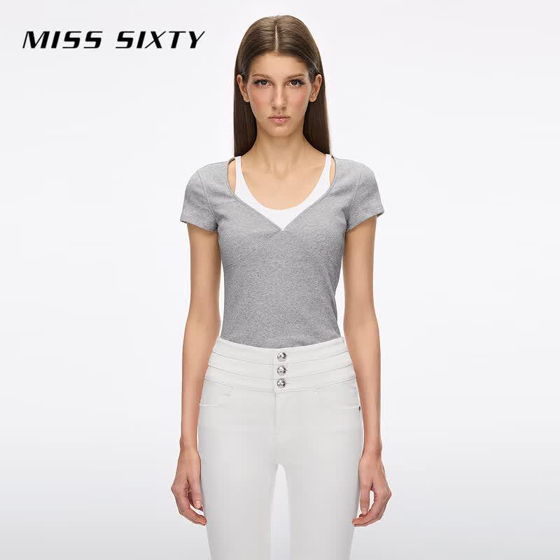 Женская футболка MISS SIXTY с имитацией двойки, облегающая S хизер серый