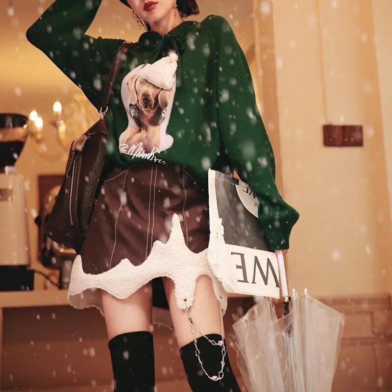 Autumn Winter Contrast Color Patchwork A-line Skirt Women Elastic Waist Pockets Lolita Sweet Chain Asymmetrical Female Clothing
