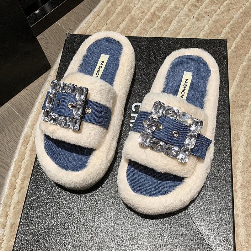

Internet celebrity black round head versatile thick-soled slippers 2025 autumn rhinestone square buckle lazy fluffy slippers outer wear trend 35
