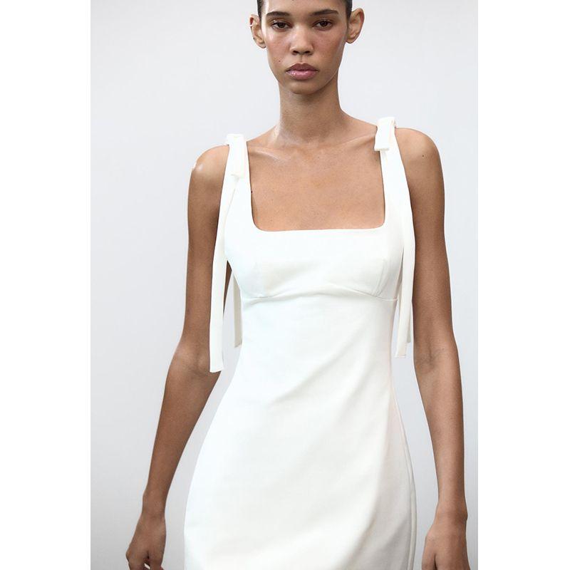 Spring and Summer New Women's Clothing Shoulder Strap Design Square Collar Sleeveless Bowknot Decoration Stretch Short Dress 3067370