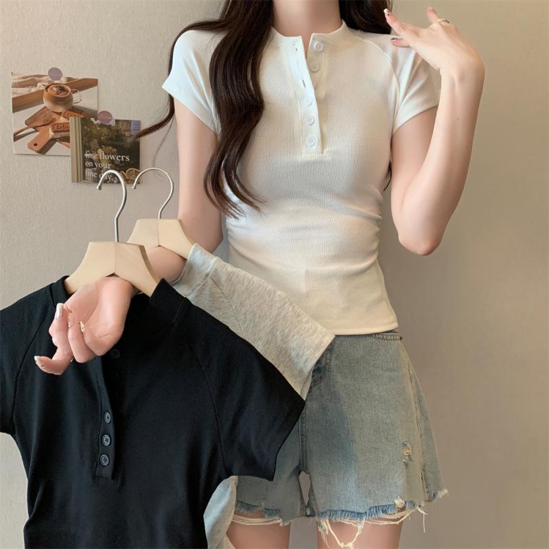 2026 Summer Korean-Style Slim Fit Short-Sleeve Button T-shirt for Women