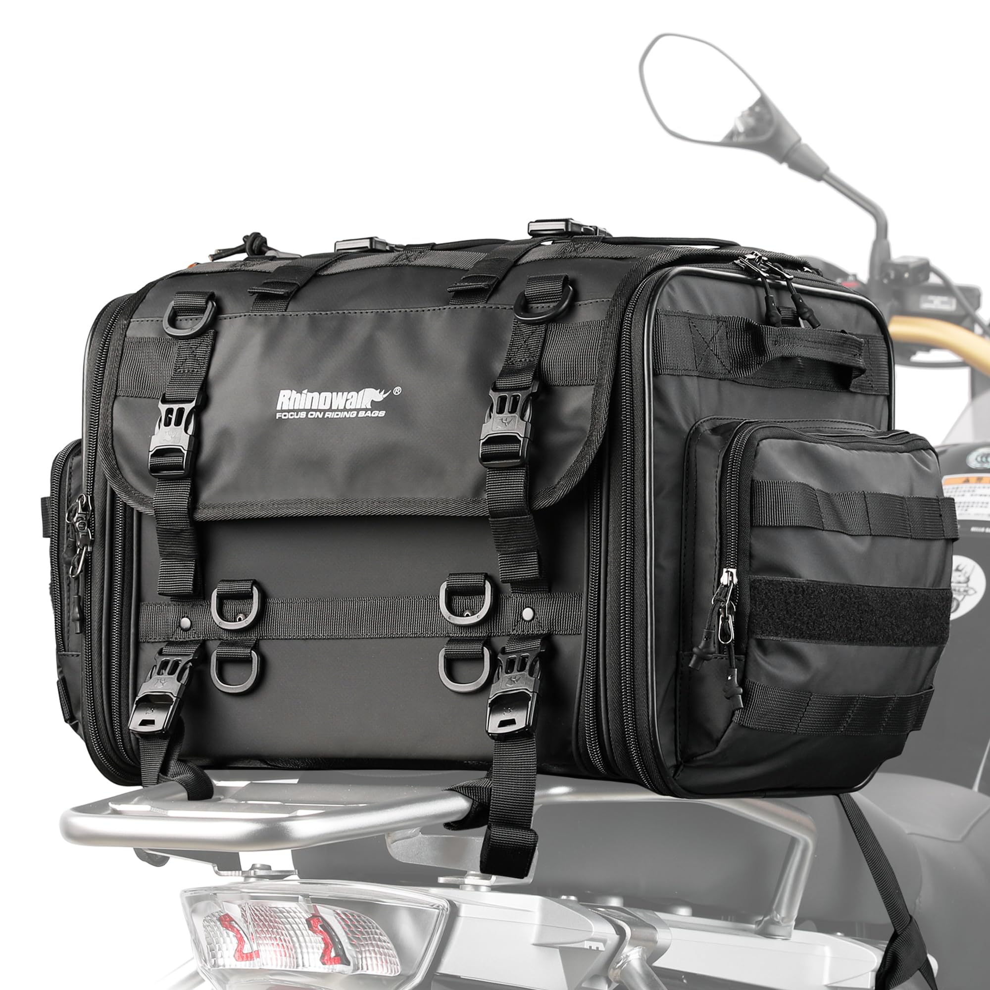 

Rhinowalk Motorcycle Touring Seat Adjustable Multifunctional Camping Seat Bag with Shoulder Strap and Reflective Easy Universal Black Bag, 40-60L