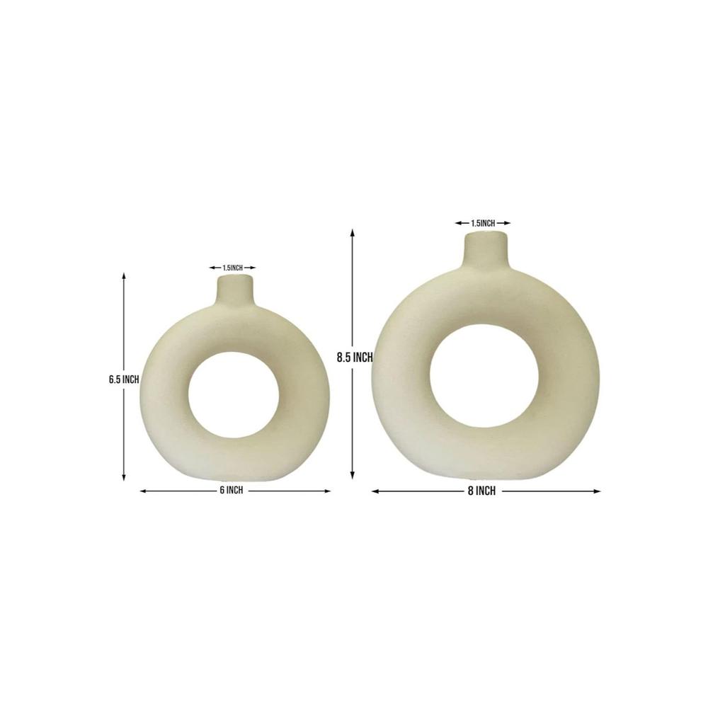 Ceramic White Donut Vase 6 & 8 Inch - Set of 2 | Decorative Donut Vase for Dried Flowers and Pampas Grass | Vases for Modern Home Decor,