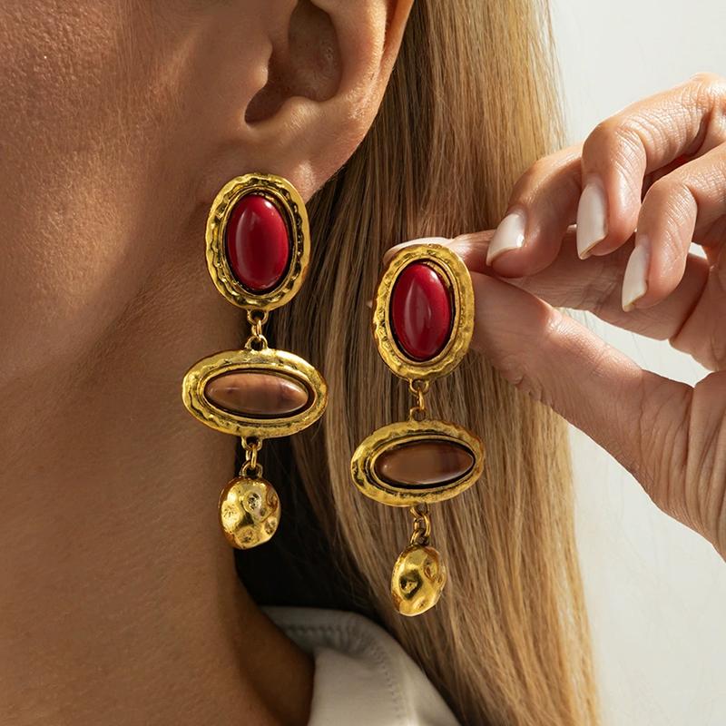 Ethnic Long Floral Earrings Women Retro Bohemian Zircon Angola Red Stud Earrings Design Fashion Elegant Accessory Vacation Gift