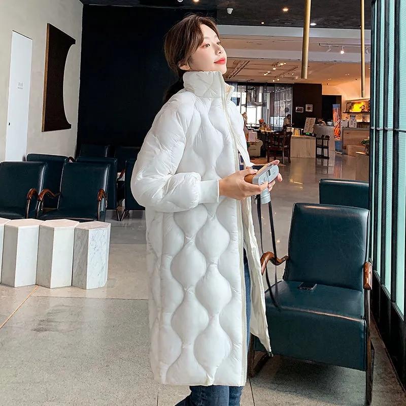 Down Padded Jacket Women's Mid-length Stand-up Collar Winter Korean Version Shiny Over-the-knee Padded Jacket Large Size Loose Solid Color Coats