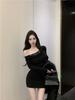 Lace Sexy Splicing Slanted Shoulder Long-sleeved Dress Autumn Slim Temperament New Thin Off-the-shoulder Purple Hip-wrap Skirt