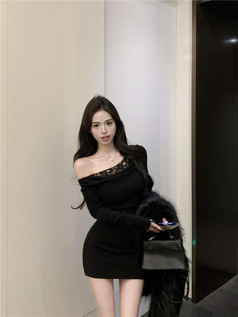 Lace Sexy Splicing Slanted Shoulder Long-sleeved Dress Autumn Slim Temperament New Thin Off-the-shoulder Purple Hip-wrap Skirt