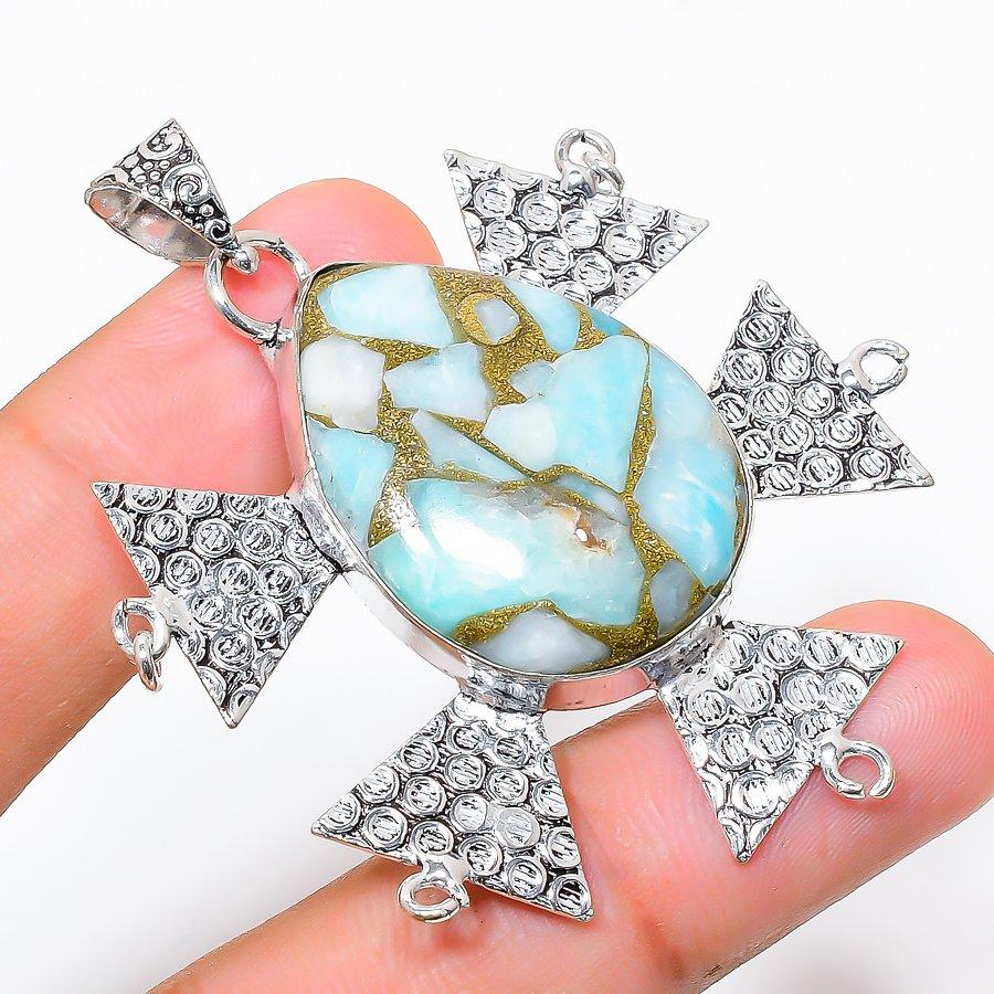 

Медный кулон ручной работы с драгоценным камнем Ларимар в этническом стиле 2,56 дюйма SR-3830