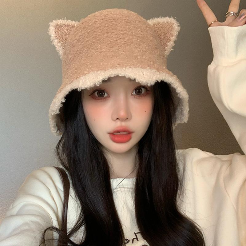 1Pieces Bucket Hat Cute Cat Ear Wool Autumn And Winter Warm Chic Knitted Hat For Women Mountaineering Scarf