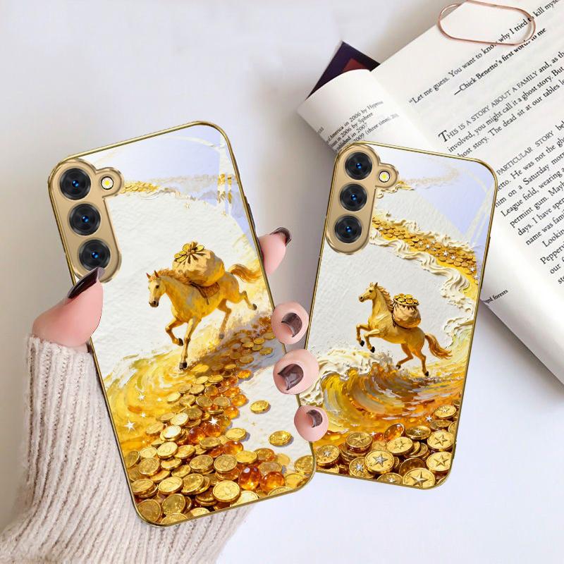 Golden Galloping Horse For Samsung Galaxy S20 FE S21 S22 S23 Plus S24 Ultra S25Ultra S21+ S9+ S22Plus Golden Glass Phone Case
