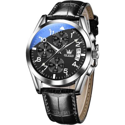 Stylish Black Simple Waterproof Watch Business Date Watch Leather Quartz Analog Arm Watch Chronograph Popular Watch Present Arabic Numerals Easy