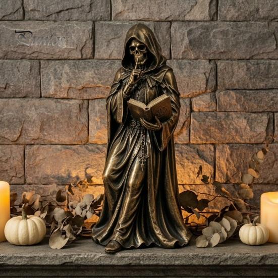 Occult Home Decoration Gothic Hooded Reaper Reading Book Resin Statue, Mystical Wizard Skull Figurine Unique Fantasy Collectible Desktop Bookshelf