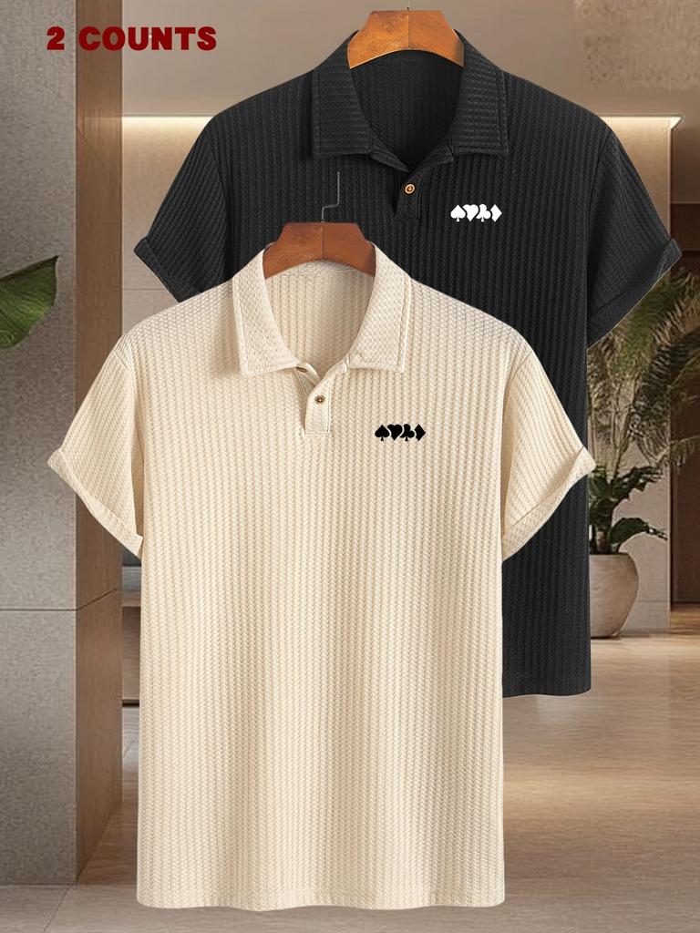 2pcs Print Pattern Men's Golf Polo, Short Sleeve Work T Shirts for Men Casual Comfortable Soft Knit Lapel Collar, Ideal for Daily Business Wear