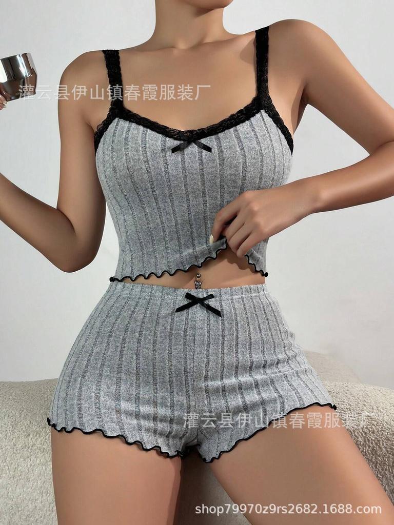 Large size pajamas women's sexy lace edge short-sleeved suspender shorts polished pit strip loungewear