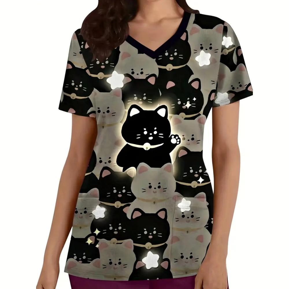 Clinical Uniform Cute Cat Cartoon Print Fashion Short Sleeve Casual V-Neck Vet Medical Clothes Women's T-shirts