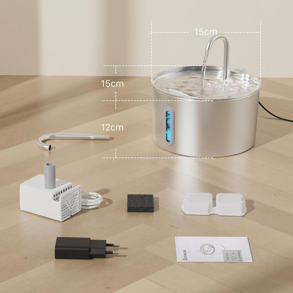 Cat Water Fountain Stainless Steel: 2.2 L Cat Fountain for Drinking - Automatic Pet Water Fountain for Cats Inside - Metal Cat Dog Water Dispenser