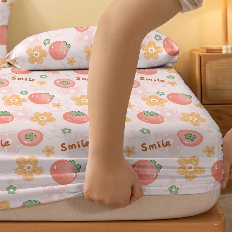 1 Simple Modern Plant Flower Fruit Printed Matte Fitted Sheet, Bedroom Printed Bed Cover, Bedding (Excluding Pillowcases)
