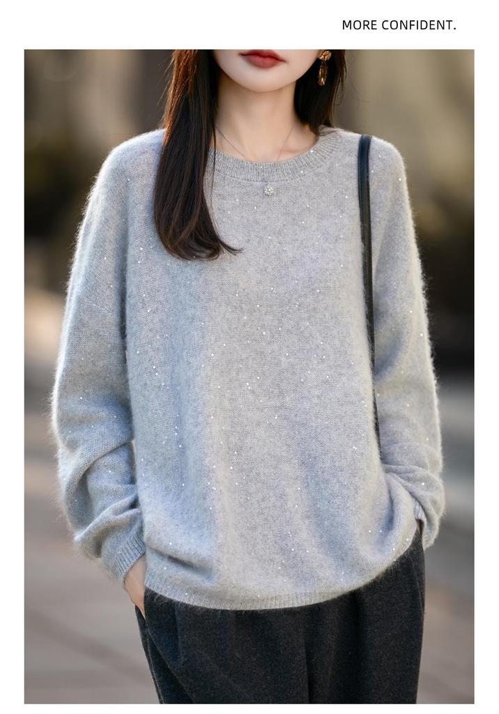 Red Sequined Double-Strand Brushed Wool Sweater - Autumn/Winter Korean Style, Soft Knitwear for Women