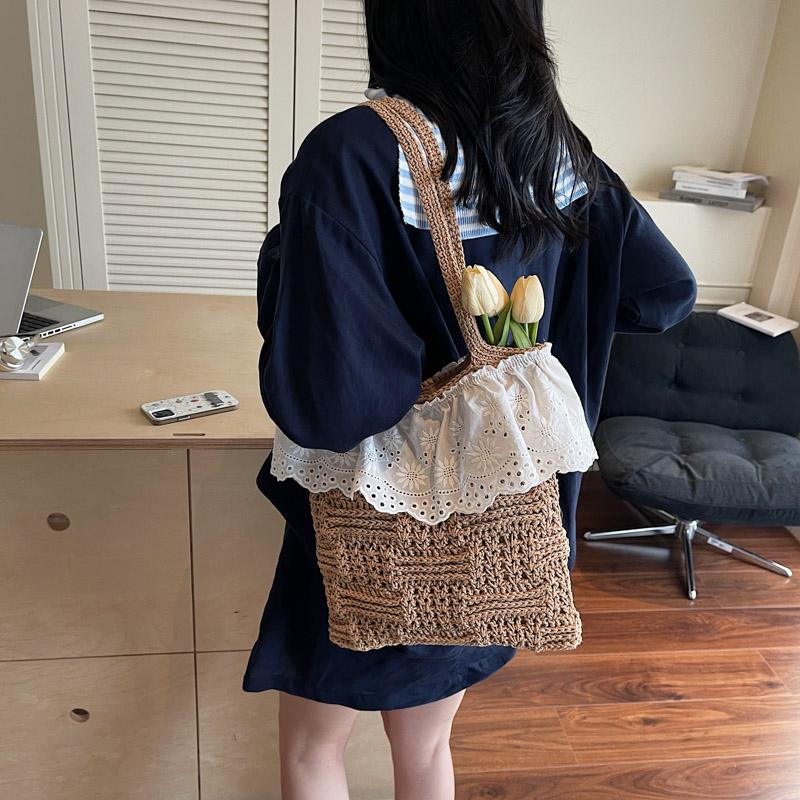 Straw Woven Summer Solid Color Shoulder Bags Lace Large Capacity Ladies Bags 2026 High Quality Hollow Out Women's Handbags