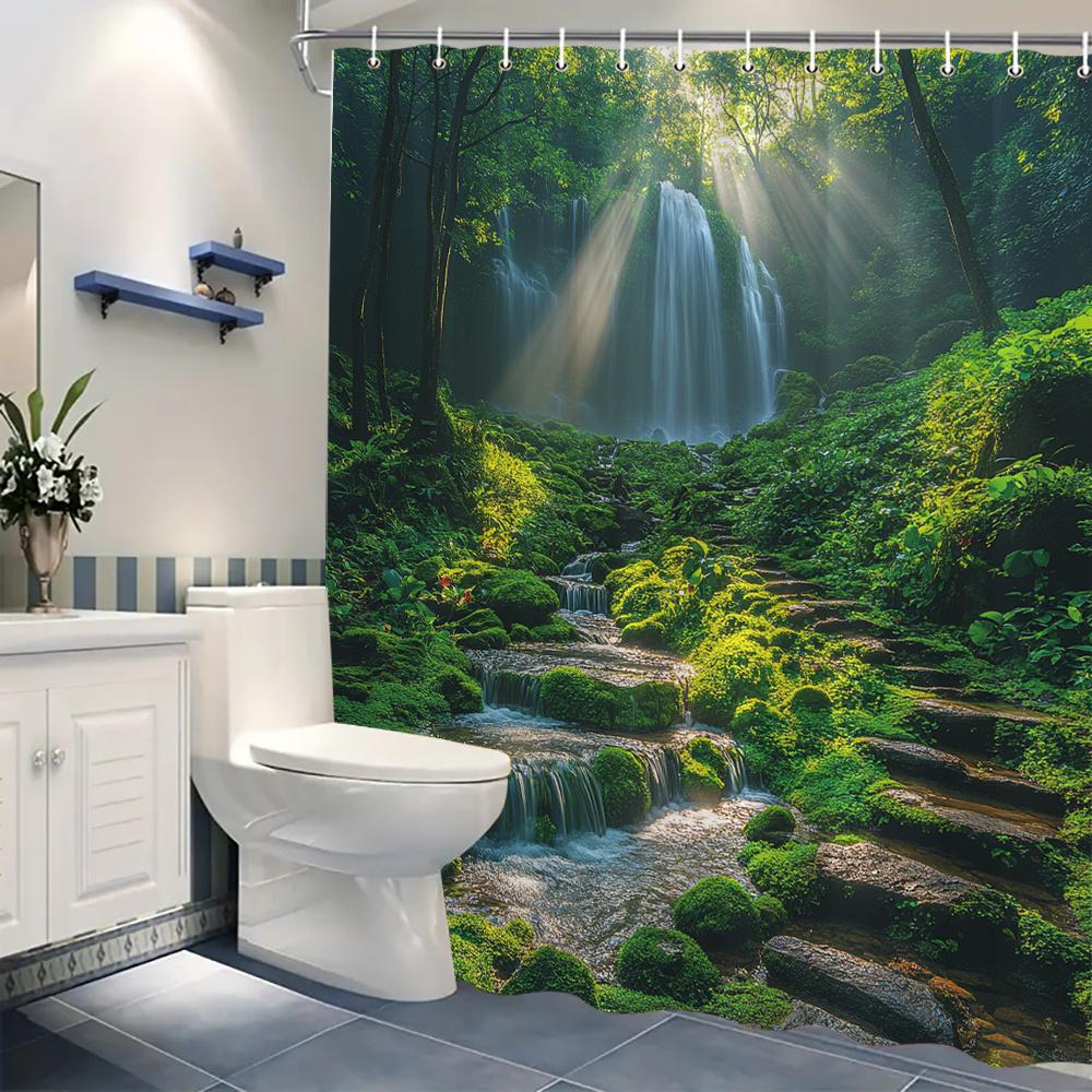 Enhance Your Bathroom with This Waterproof Shower Curtain Featuring a Lush Forest Waterfall for a Relaxing Experience