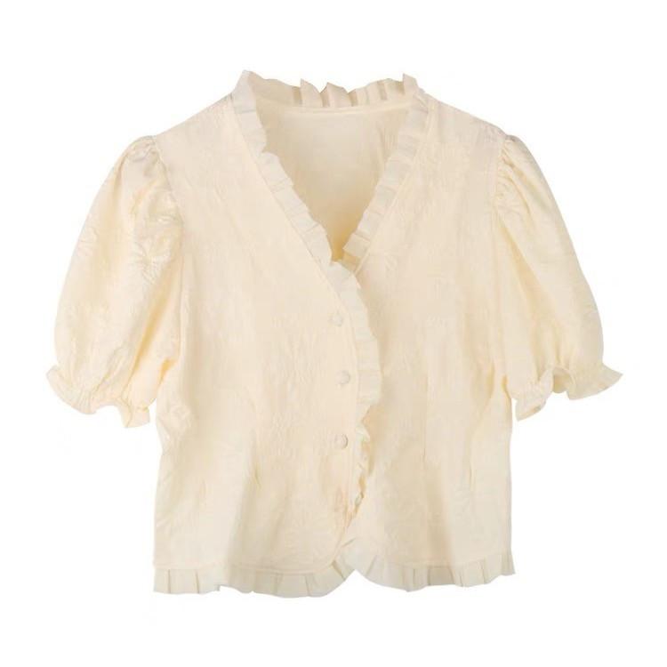 French Gentle V-neck Heavy Duty Shirt with A Unique Summer Temperament Chic Shirt with Short Bubble Sleeves Women's Top