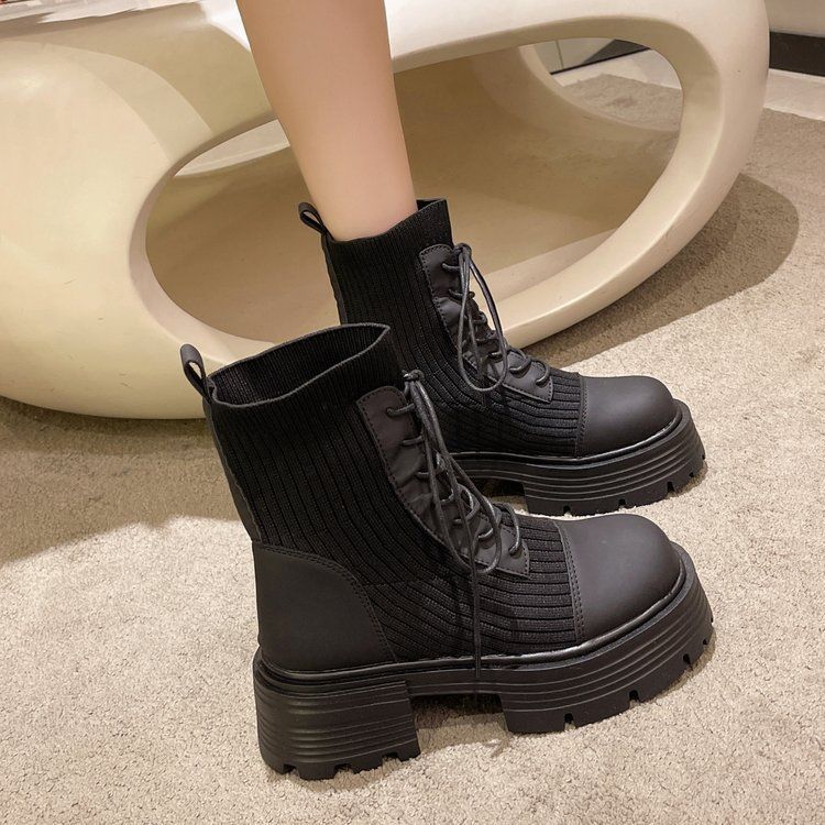 Martin boots women's 2025 spring and autumn new short tube thick-soled elastic boots medium tube boots gray upgraded version beige upgraded version