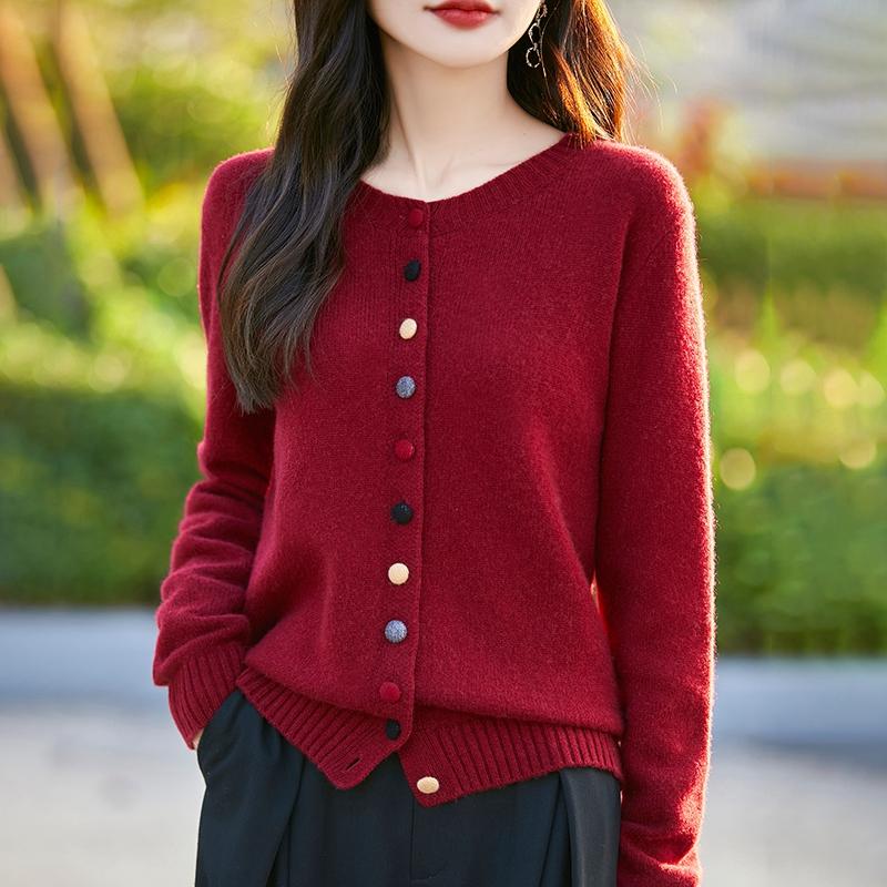 Suéter de cashmere feminino Qinghe cashmere 30% cashmere 70% lã outono e inverno cardigan cashmere macio e quente